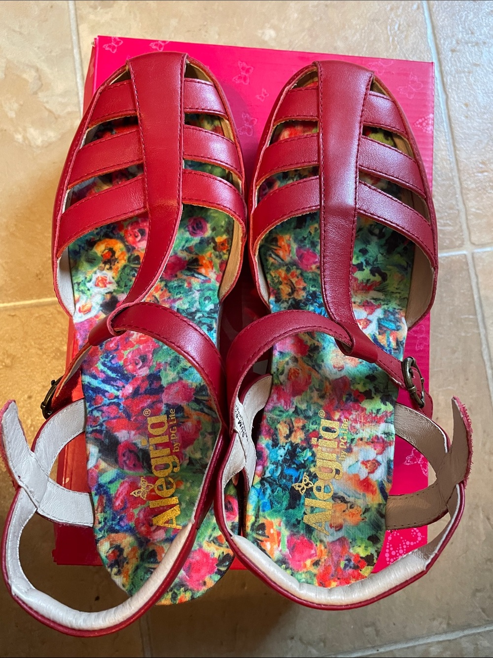 Alegria Red Leather Floral-Insole Mules